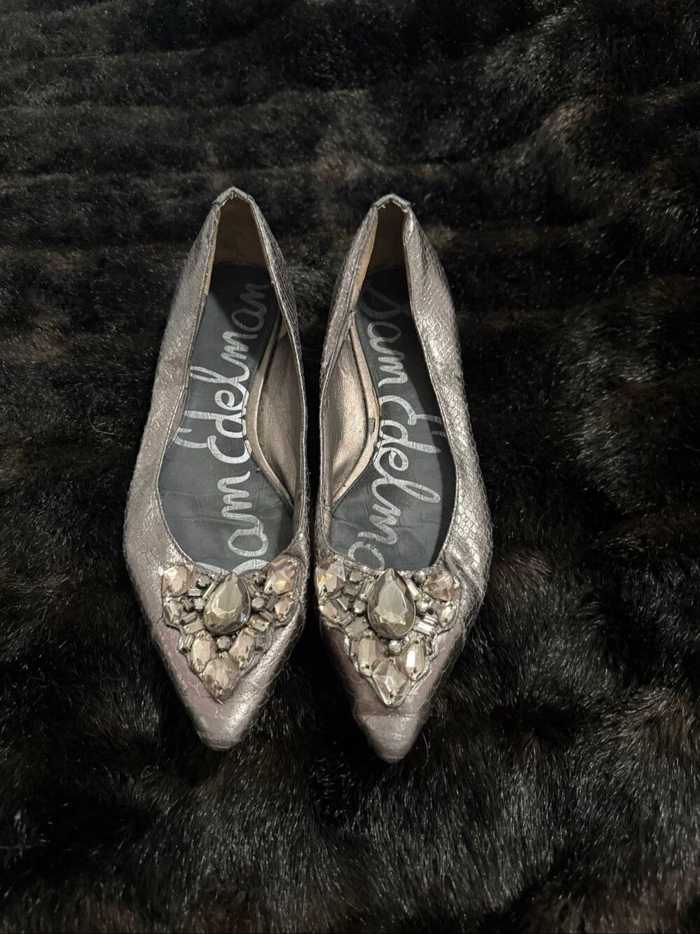 Sam Edelman Metallic pewter Snnake Leather Caper Jeweled Ballet Flats Size 8.5